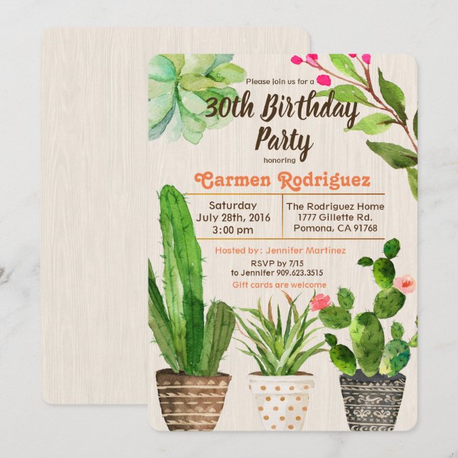 ANY AGE - Cactus Succulent Birthday Invitation (Front/Back)