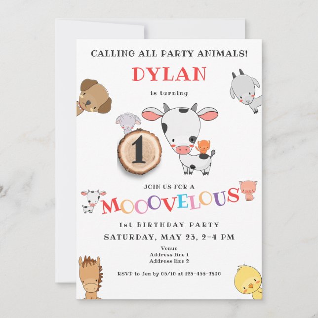 Any Age Calling All Farm Animal Holly Cow Birthday Invitation (Front)