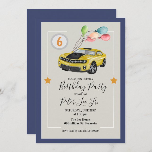 ANY AGE - Car Boy Birthday Party Invitation (Front/Back)