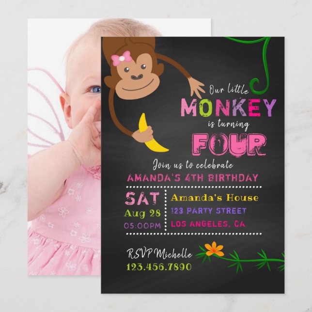 Any Age Chalkboard Little Monkey Girl Birthday Invitation (Front/Back)