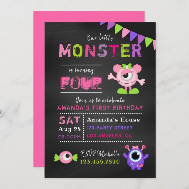 Any Age Chalkboard Little Monster Girl Birthday Invitation (Front/Back)