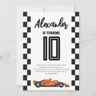 Any Age Chequered Orange Race Car Birthday Party Invitation