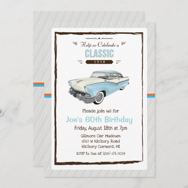 ANY AGE - Classic Car Vintage Birthday Invitation (Front/Back)