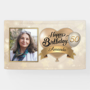 Any Age Custom Cream Gold Elegant Vinyl Birthday Banner