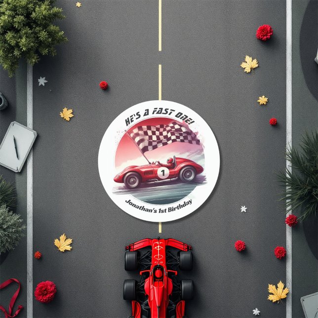 Any Age Customisable Race Car Birthday Party Classic Round Sticker (Any Age Customizable Race Car Birthday Party Classic Round Sticker)