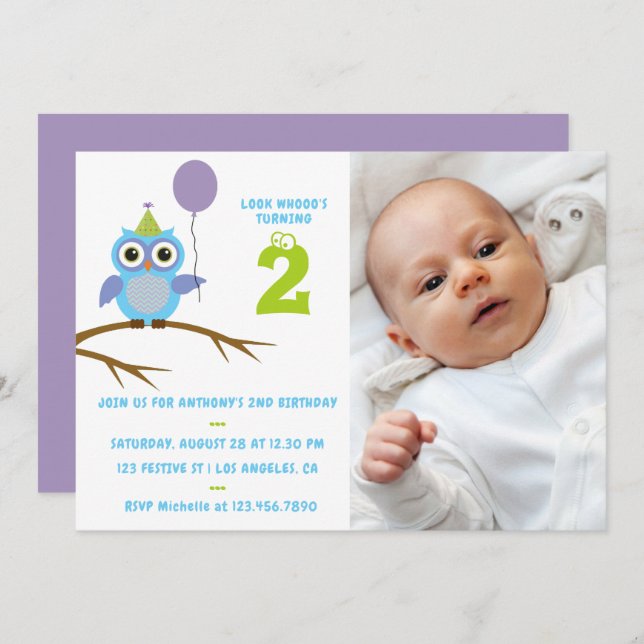 Any Age Cute Owl Baby or Toddler Boys Birthday Invitation (Front/Back)