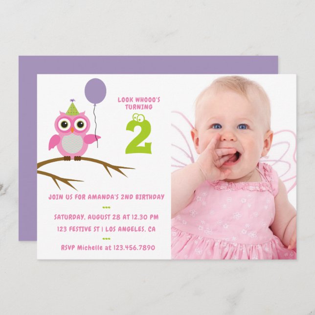 Any Age Cute Owl Baby or Toddler Girl Birthday Invitation (Front/Back)
