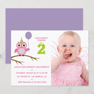 Any Age Cute Owl Baby or Toddler Girl Birthday Invitation