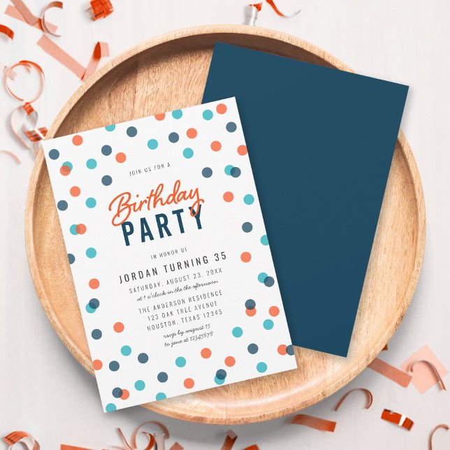 Any Age Dark Blue Orange Confetti Birthday Party Invitation (Creator Uploaded)