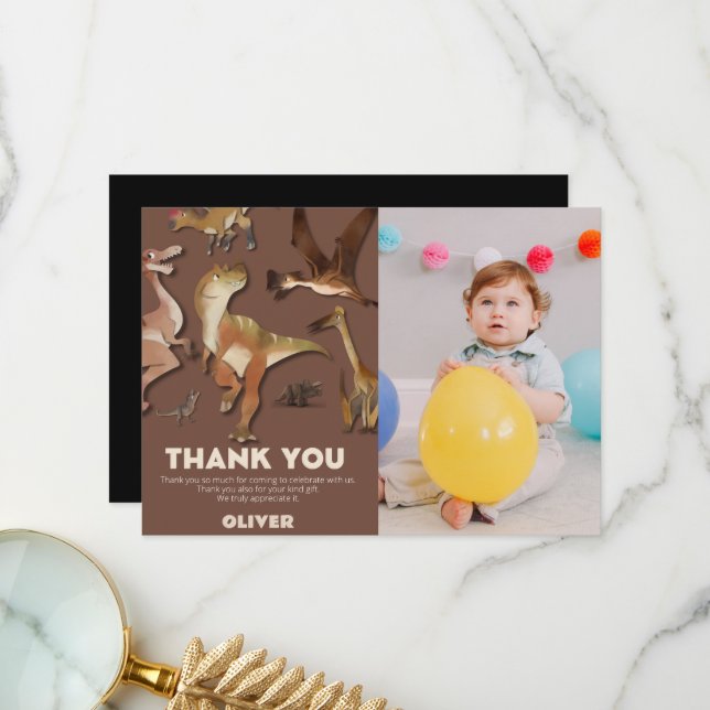 Any age dinosaur boy birthday photo thank you card (Front/Back In Situ)