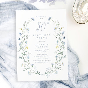 Any Age Dusty Blue Wildflower Boho 50th Birthday  Invitation