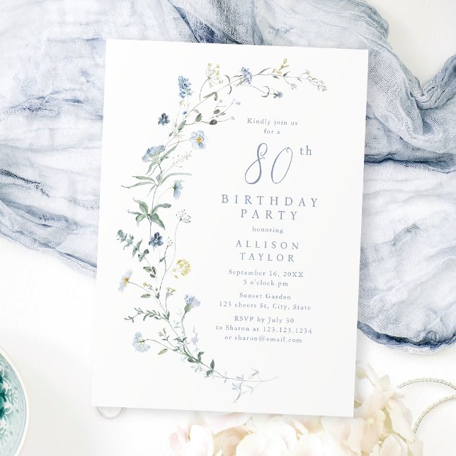Any Age Dusty Blue Wildflower Boho 80th Birthday  Invitation (Any Age Dusty Blue Wildflower Boho 80th Birthday Invitation)