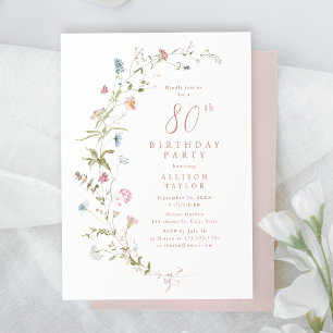 Any Age Dusty Pink Wildflower Boho 80th Birthday Invitation