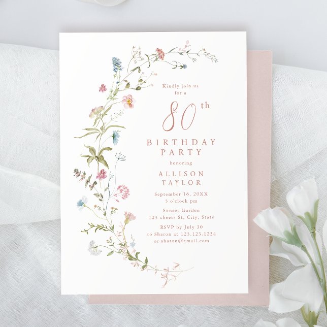 Any Age Dusty Pink Wildflower Boho 80th Birthday  Invitation (Any Age Dusty Pink Wildflower Boho 80th Birthday Invitation)