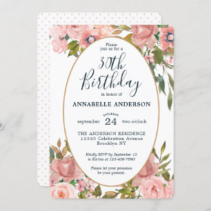 Any Age Elegant Floral Pink Blush Gold Birthday Invitation
