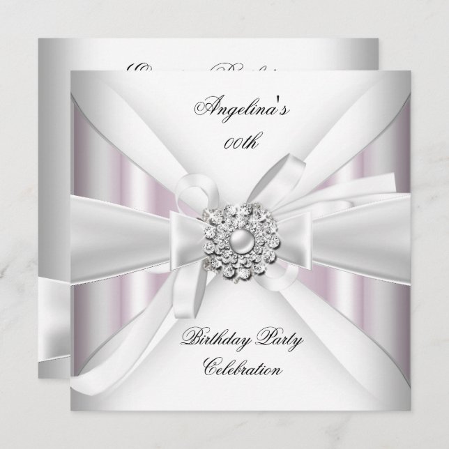 Any Age Elegant Pink White Silver Birthday Party Invitation (Front/Back)