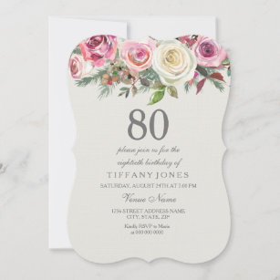 Any Age Elegant White Rose Floral 80th Birthday Invitation