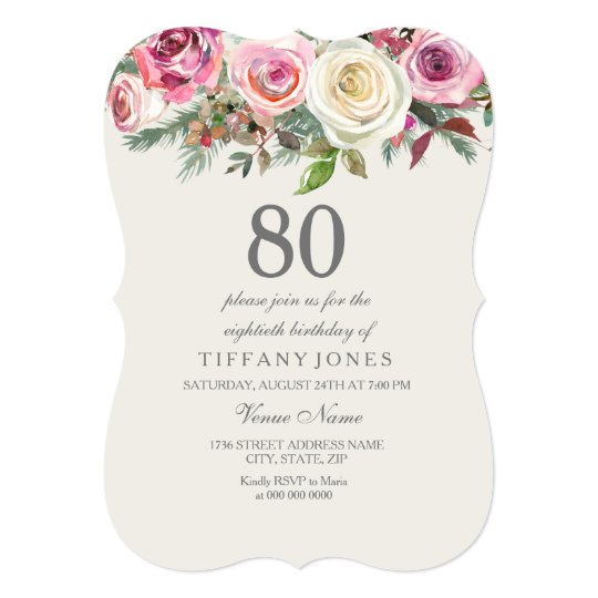 Any Age Elegant White Rose Floral 80th Birthday Invitation