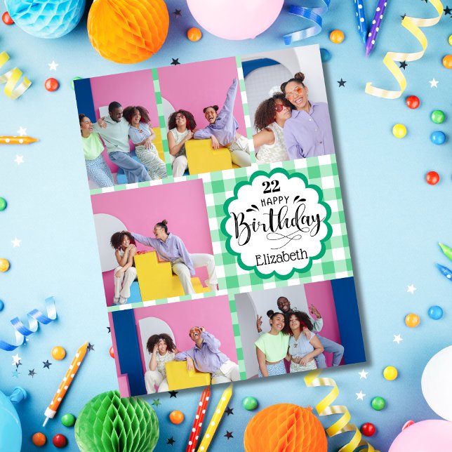 Any Age Feminine Green 7 Photo Collage Birthday Card (Creator Uploaded)