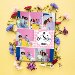 Any Age Feminine Pink 7 Photo Collage Birthday Card