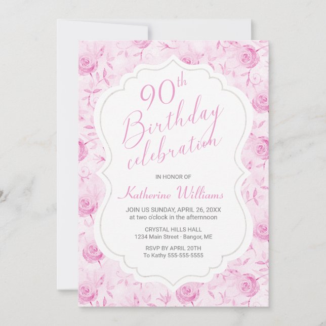 Any Age Floral Pink Rose 90th Script Birthday Invitation (Front)