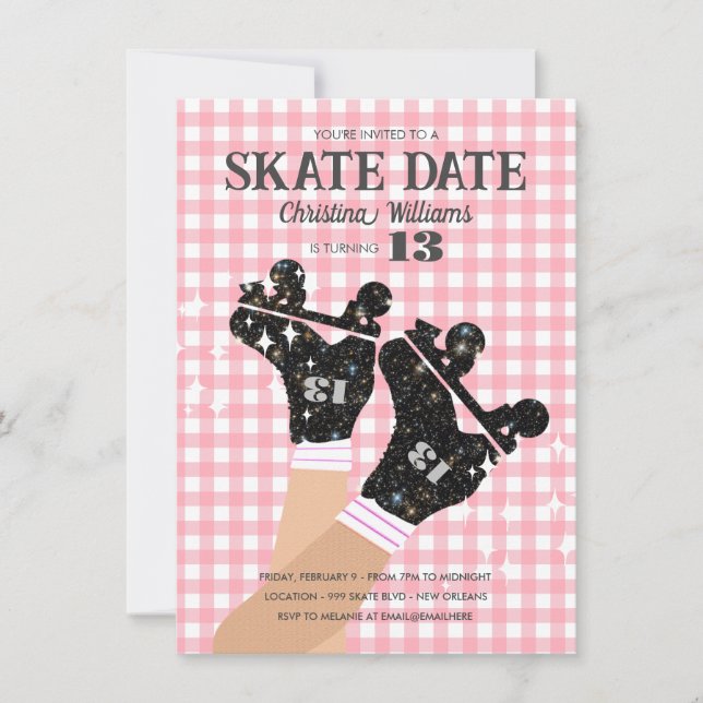 Any Age Gingham Pink Disco Roller Skate Birthday Invitation (Front)