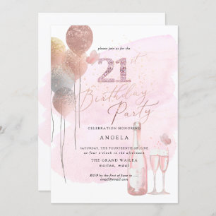 Any Age, Glitter Balloons Pink Champagne 21st Invitation