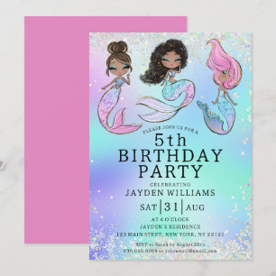 Any Age Glitter Mermaid Black Hair Girl Birthday Invitation