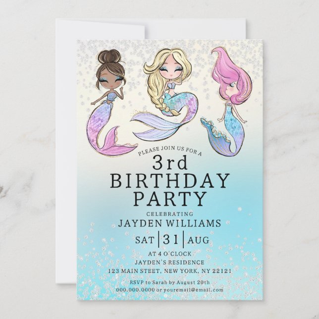 Any Age Glitter Mermaid Girl Birthday Invitation (Front)