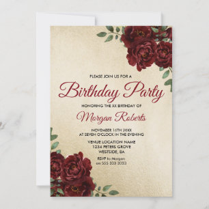 Any Age Gold Foil Burgundy Rose Birthday Party Invitation