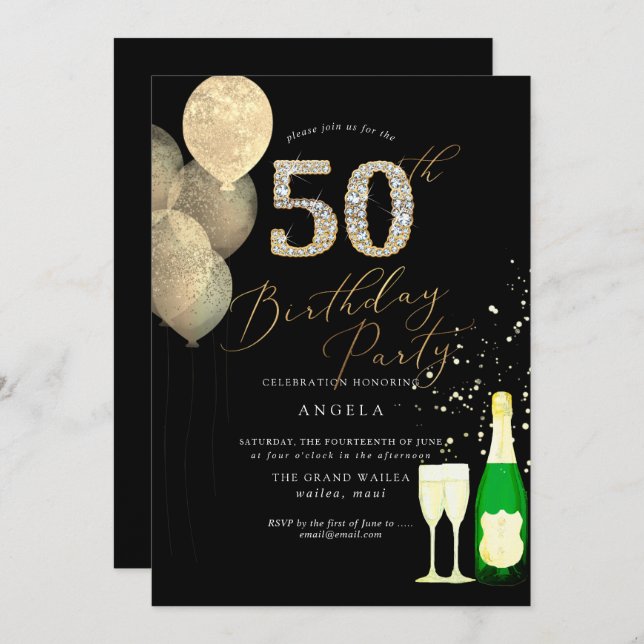 Any Age, Gold Glitter Balloons Diamond Invitation (Front/Back)