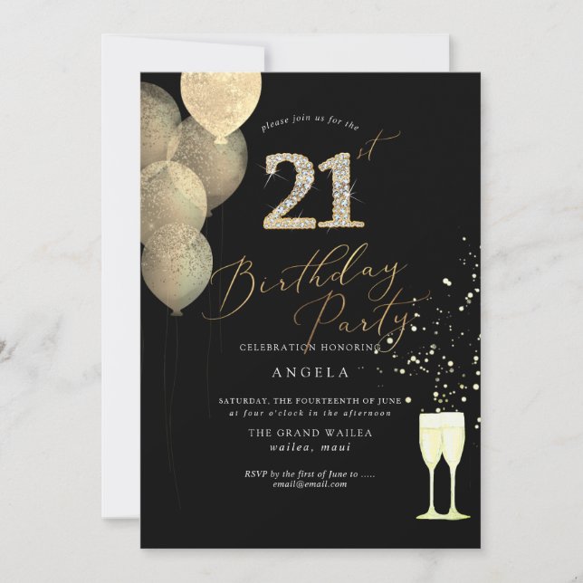 Any Age, Gold Glitter Balloons Diamond Invitation (Front)