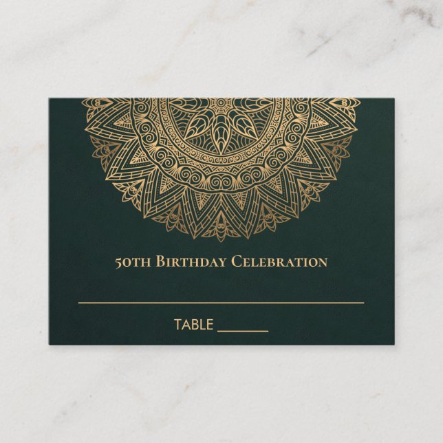 ANY AGE GREEN GOLD ORNATE MANDALA 50TH BIRTHDAY PLACE CARD (Front)