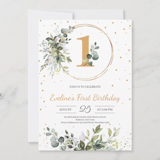 Any age greenery eucalyptus boho gold birthday invitation (Front)