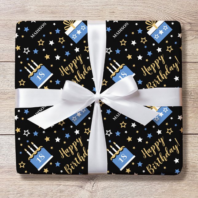 Any Age Happy Birthday Cake Blue Black Wrapping Paper (Creator Uploaded)