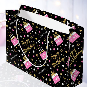 Any Age Happy Birthday Cake Pink Black Large Gift Bag
