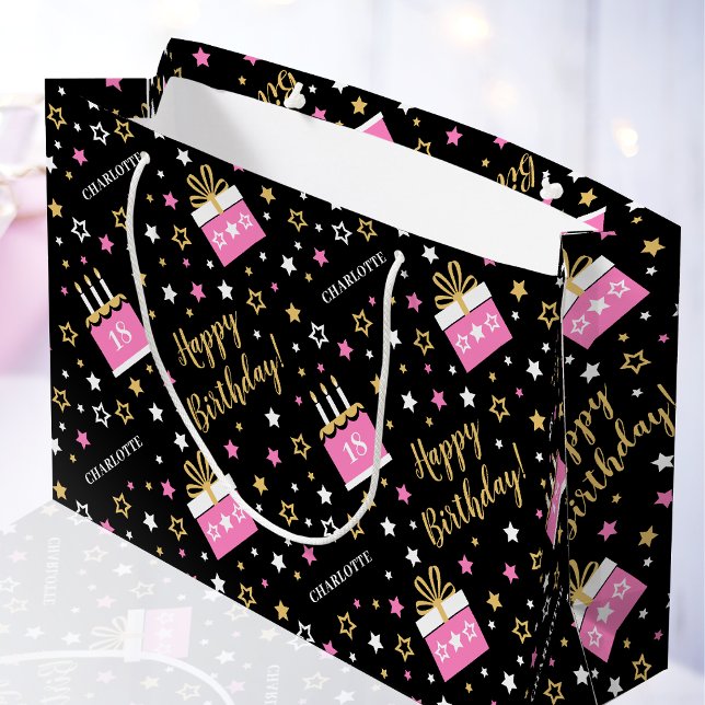 Any Age Happy Birthday Cake Pink Black Large Gift Bag (Creator Uploaded)