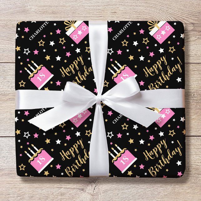 Any Age Happy Birthday Cake Pink Black Wrapping Paper (Creator Uploaded)
