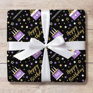 Any Age Happy Birthday Cake Purple Black Wrapping Paper