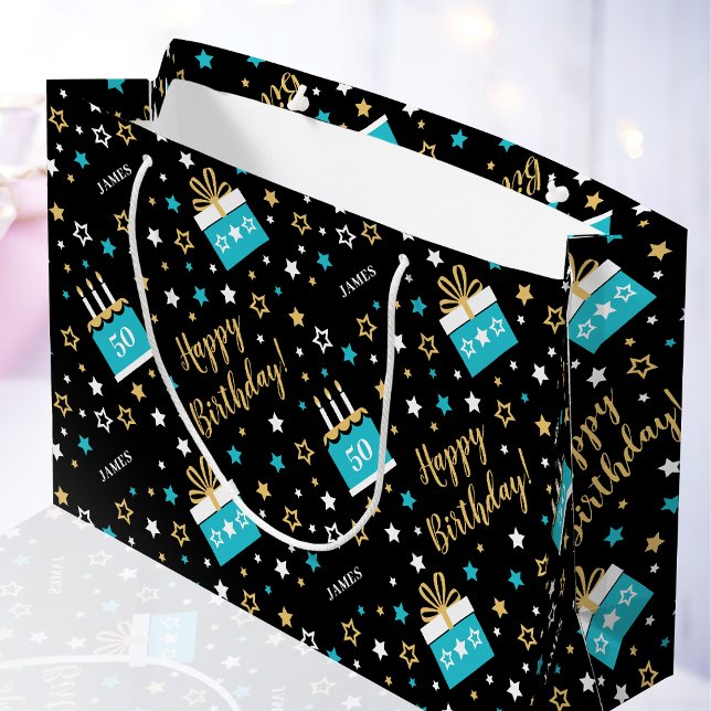 Any Age Happy Birthday Cake Teal Black Large Gift Bag (Creator Uploaded)