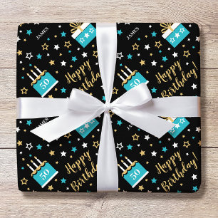 Any Age Happy Birthday Cake Teal Black Wrapping Paper