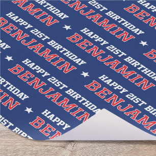 Any Age Happy Birthday Retro Custom Navy Red Wrapping Paper