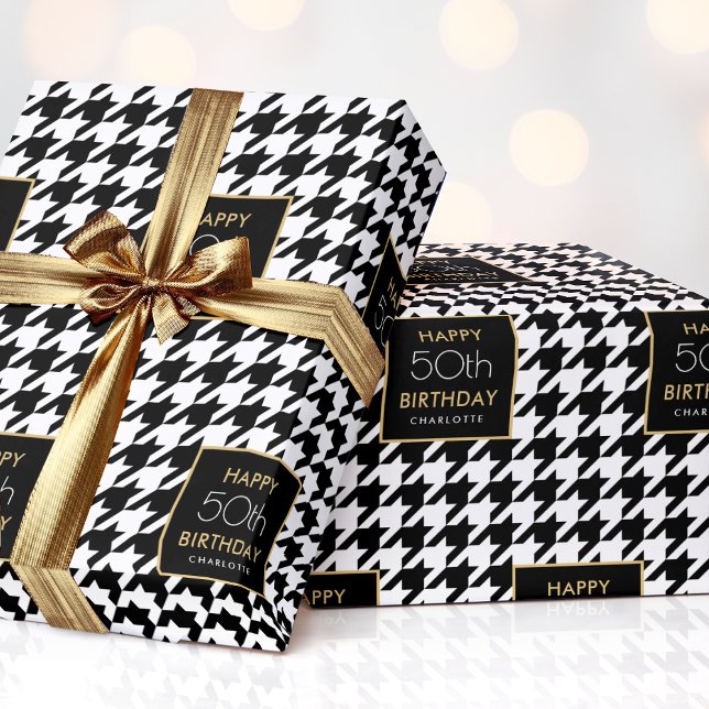 Any Age Houndstooth Happy Birthday Black White Wrapping Paper (Creator Uploaded)