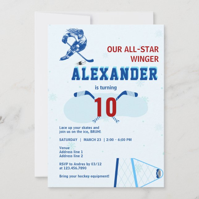 Any Age Ice Hockey All Star Winger Birthday Party Invitation (Front)