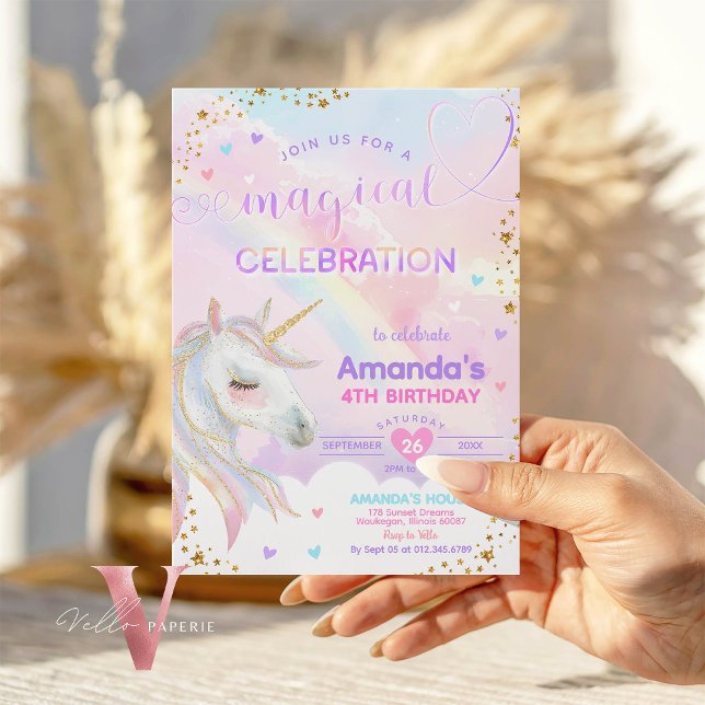 Any Age Magical Rainbow Unicorn Gold Birthday  Invitation (Creator Uploaded)