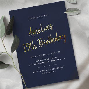 Any Age   Navy Blue and Gold  Script Birthday