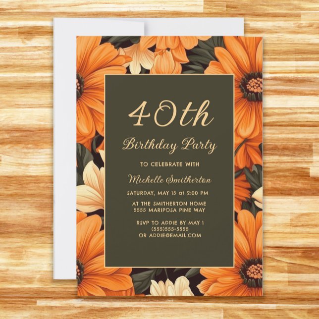 Any Age Orange Flowers Brown 40th Birthday Invitation (Orange flowers on brown 40th birthday party invitation)