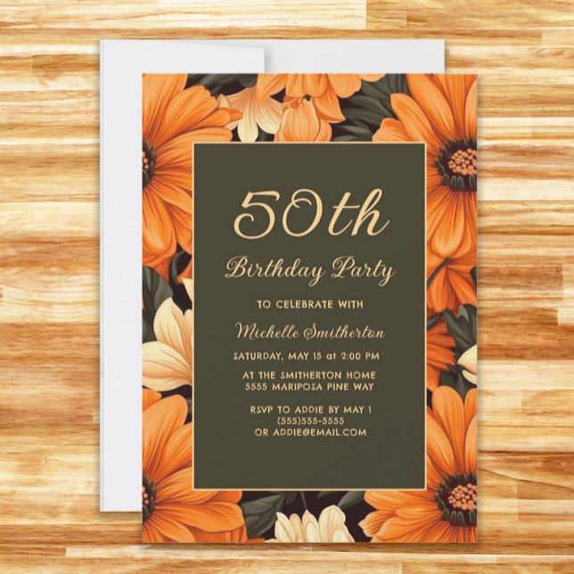 Any Age Orange Flowers Brown 50th Birthday Invitation (Orange flowers on brown 50th birthday party invitation)