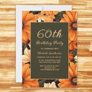 Any Age Orange Flowers Brown 60th Birthday Invitation