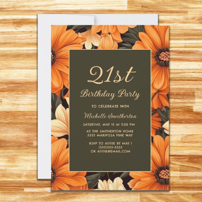 Any Age Orange Flowers Brown Birthday Invitation (Elegant orange flowers on brown birthday party invitation)